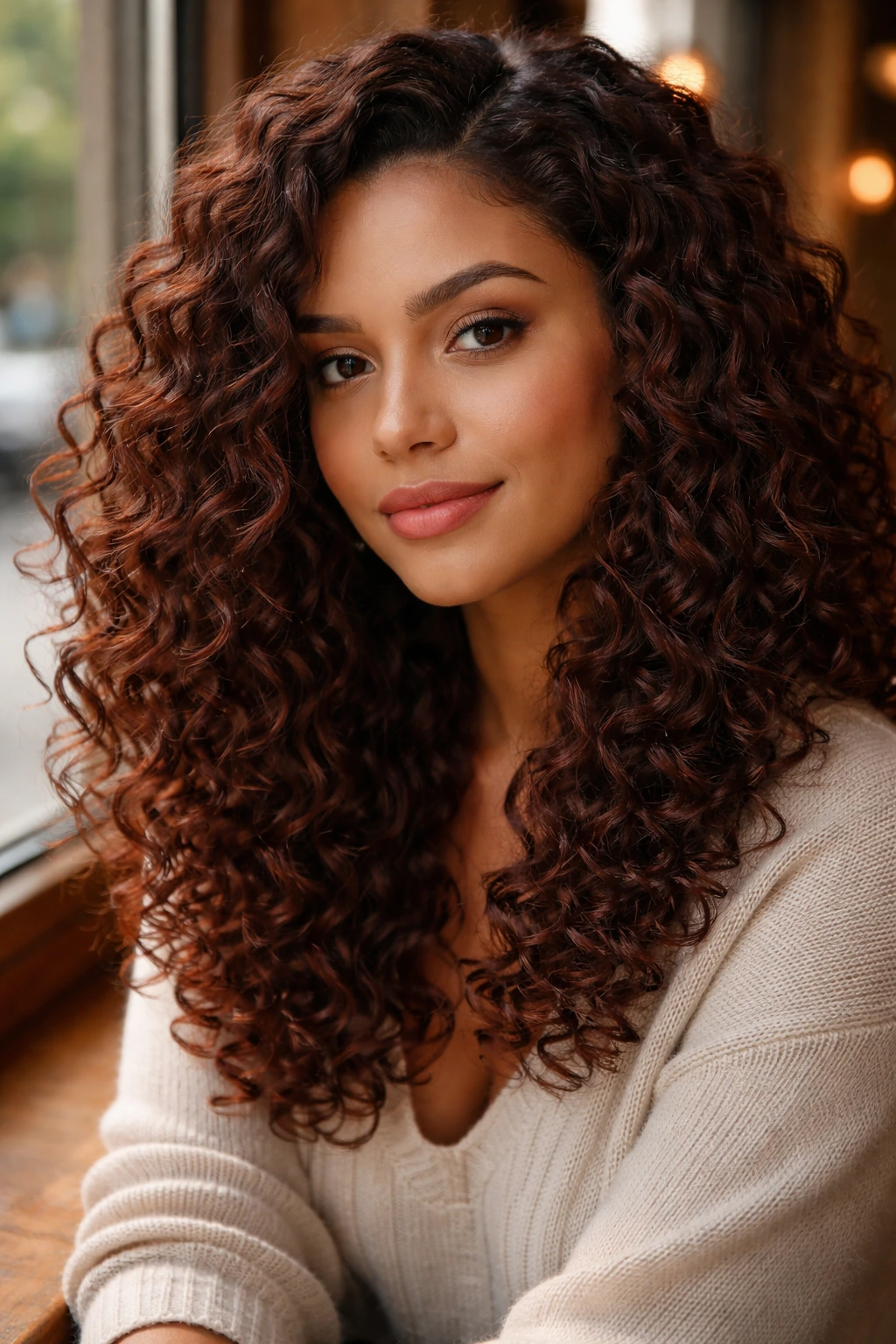 Close-up of a real woman with russet mahogany curls filling the frame