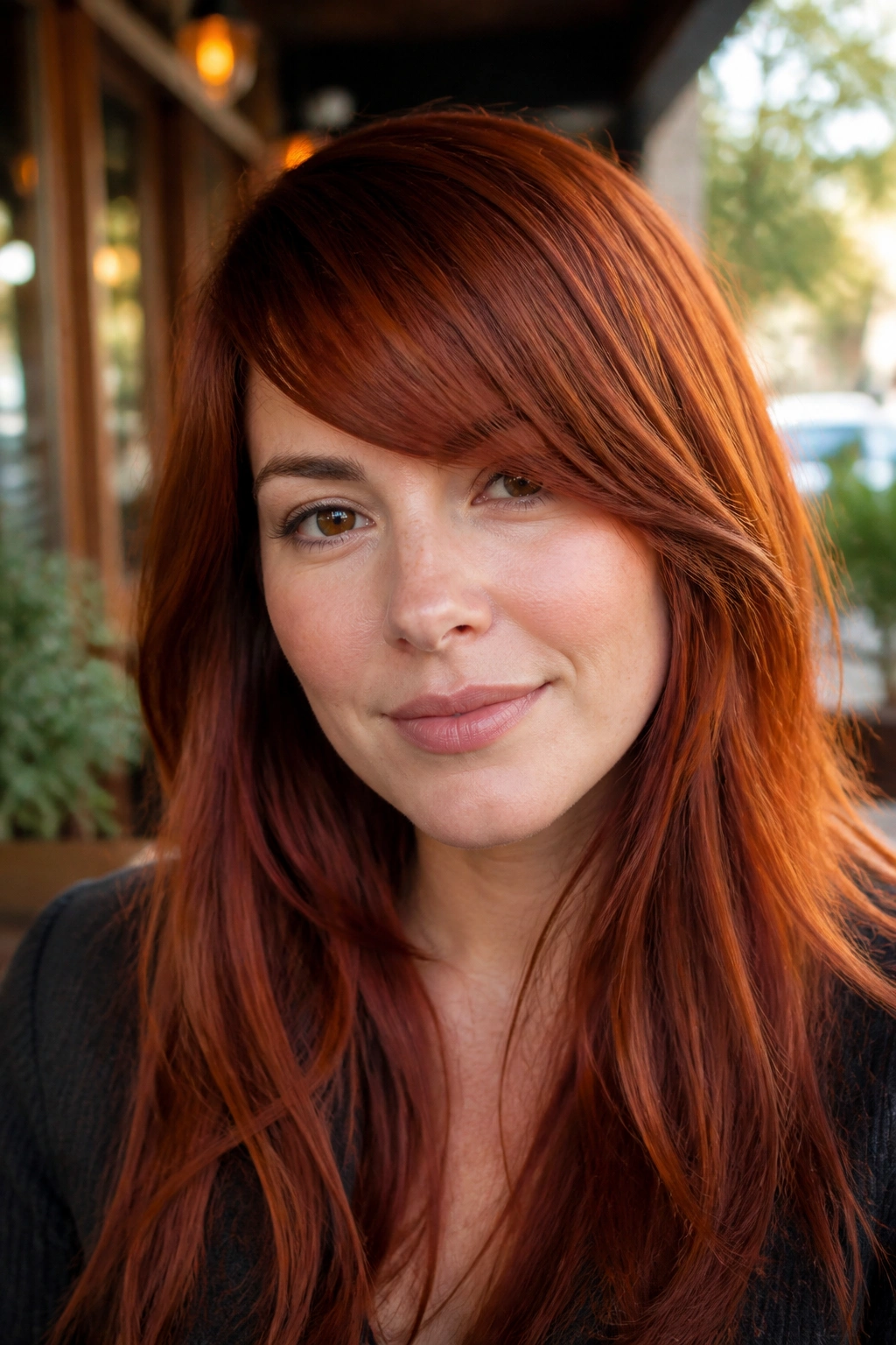 Close-up of a real woman with rust auburn and side-swept fringe
