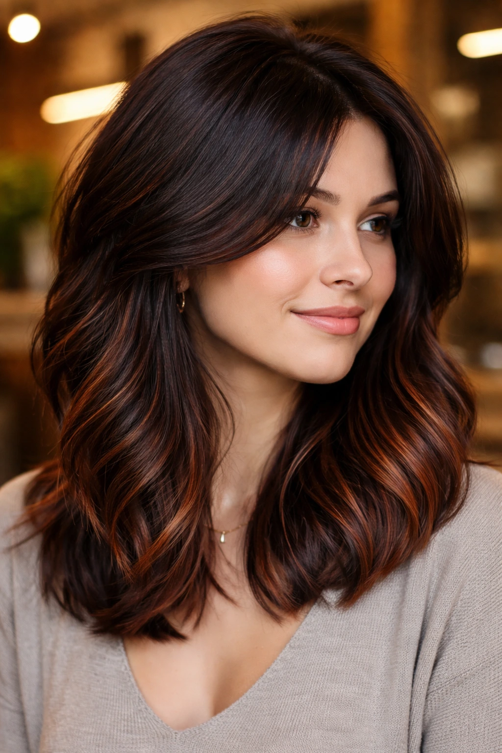 Close-up of a woman with dark brown hair and rust-toned ends