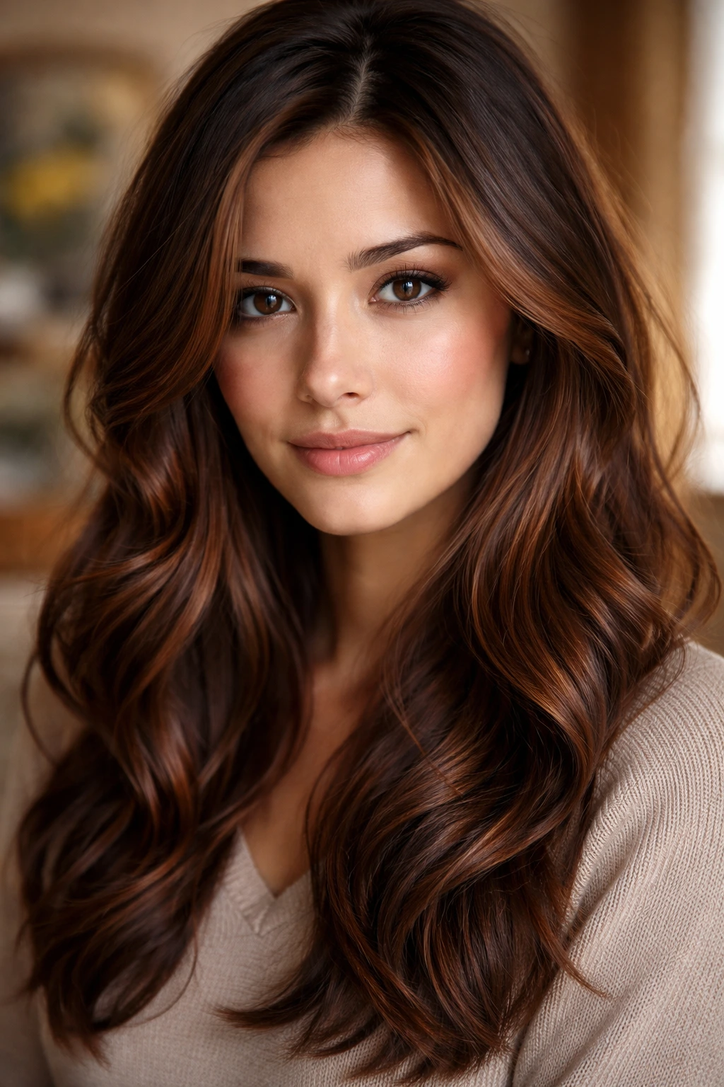 Close-up of brown hair with subtle rust lowlights under warm window light