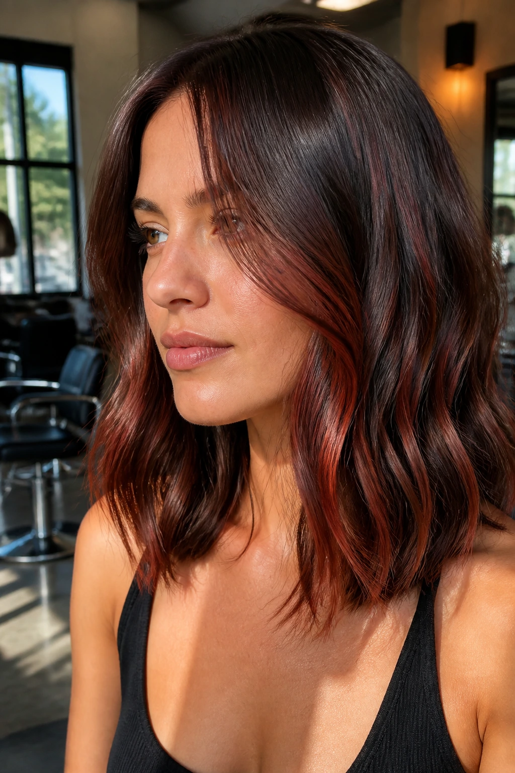 Close-up of midlength rust-toned ribbons in brown hair on a real woman.
