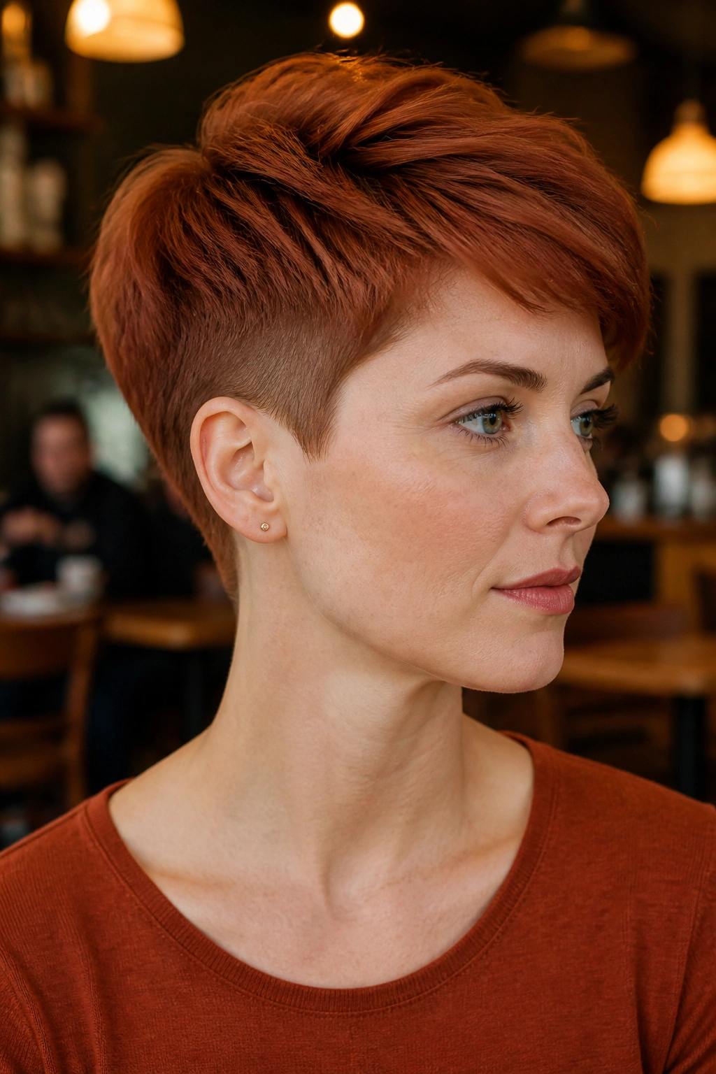 Close-up of a real person with rusty undercut pixie and swept layers in a warm cafe setting.