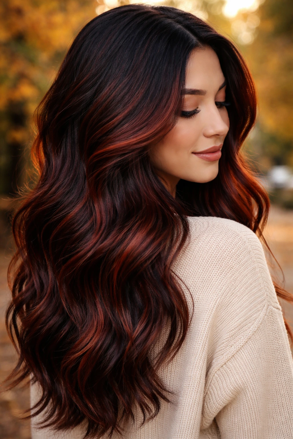 Close-up of a real person with rust-red balayage on dark brown hair in autumn sunlight