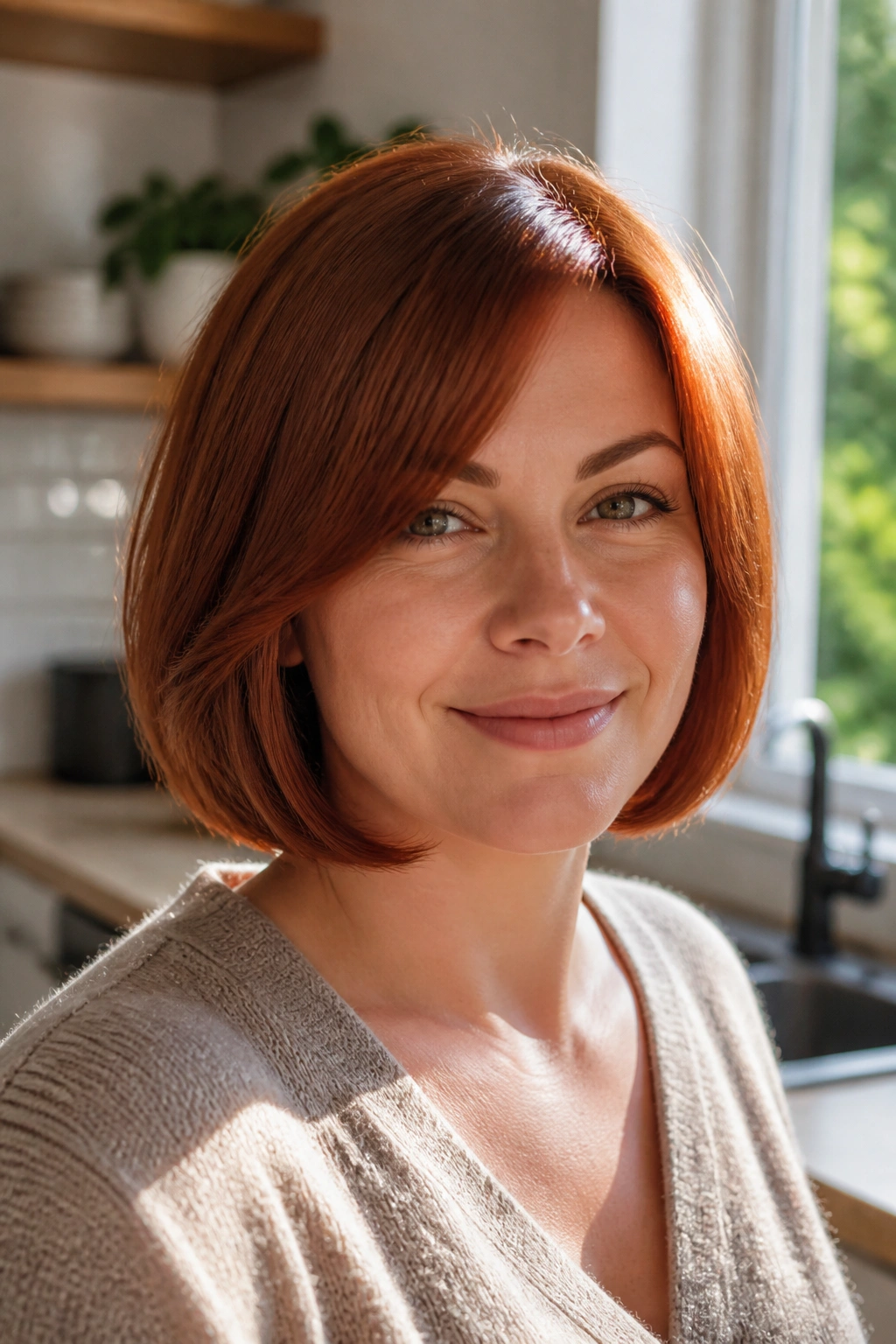 Close-up of a real woman with rust red bob and inward curved ends