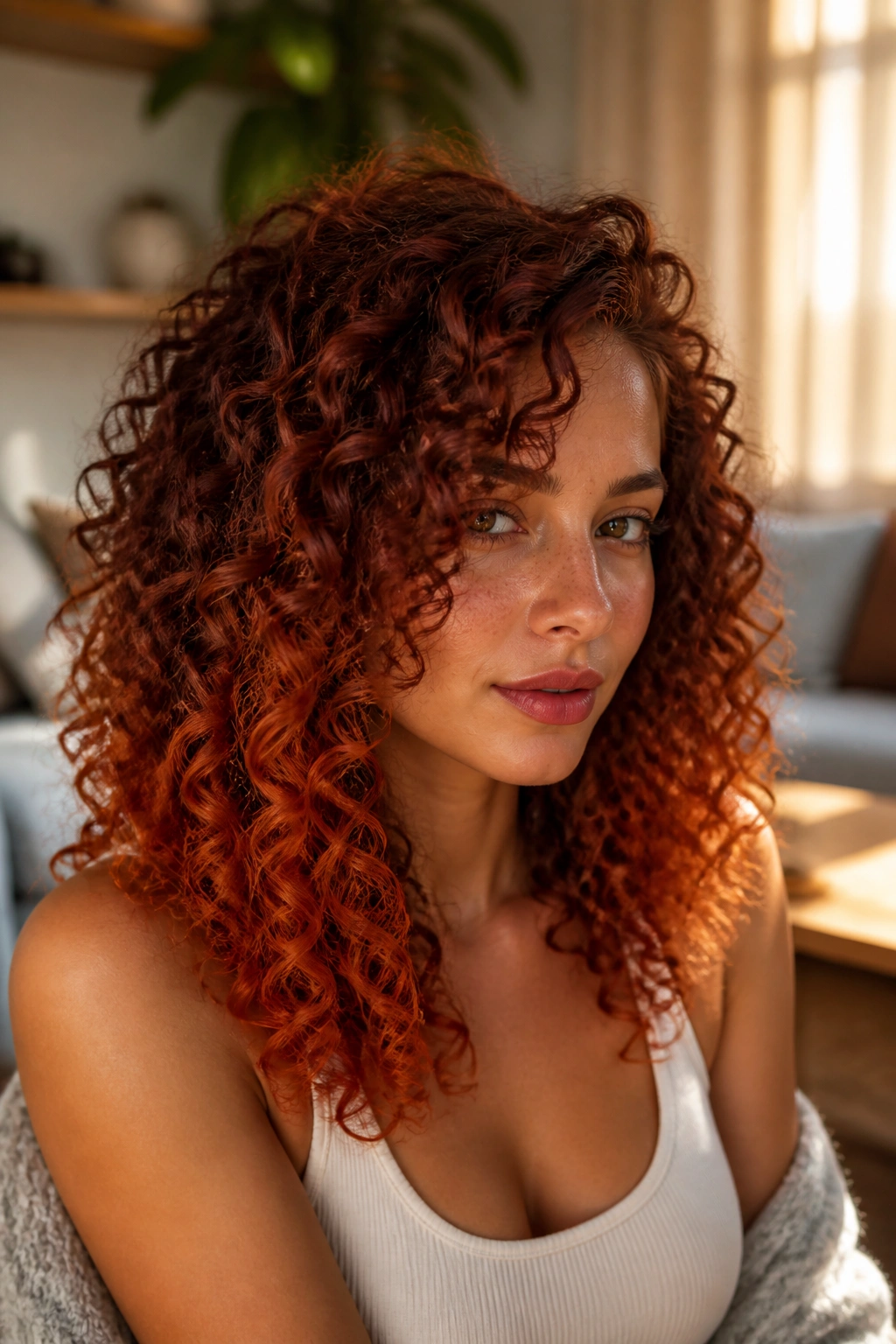 Medium close-up of curly hair with rust red ombré gradient from roots to ends.