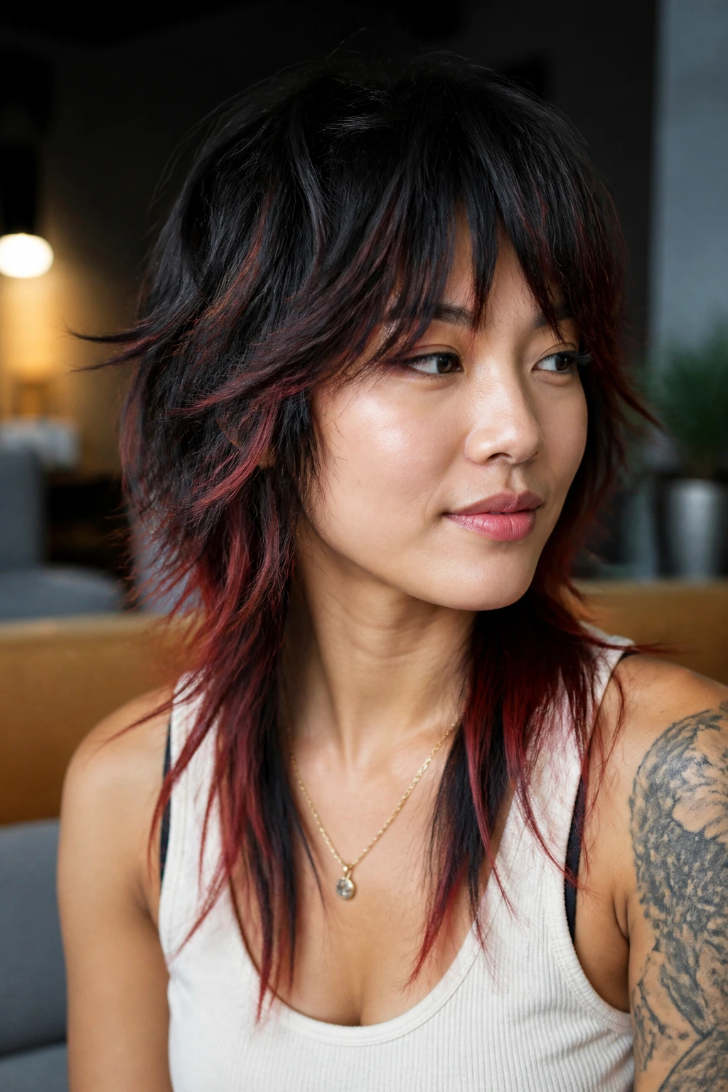 Woman with a choppy shag featuring rust-red pieces on ends and layers.