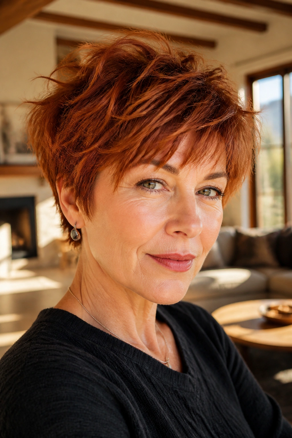 Real woman with rust-red shag pixie and wispy layers.