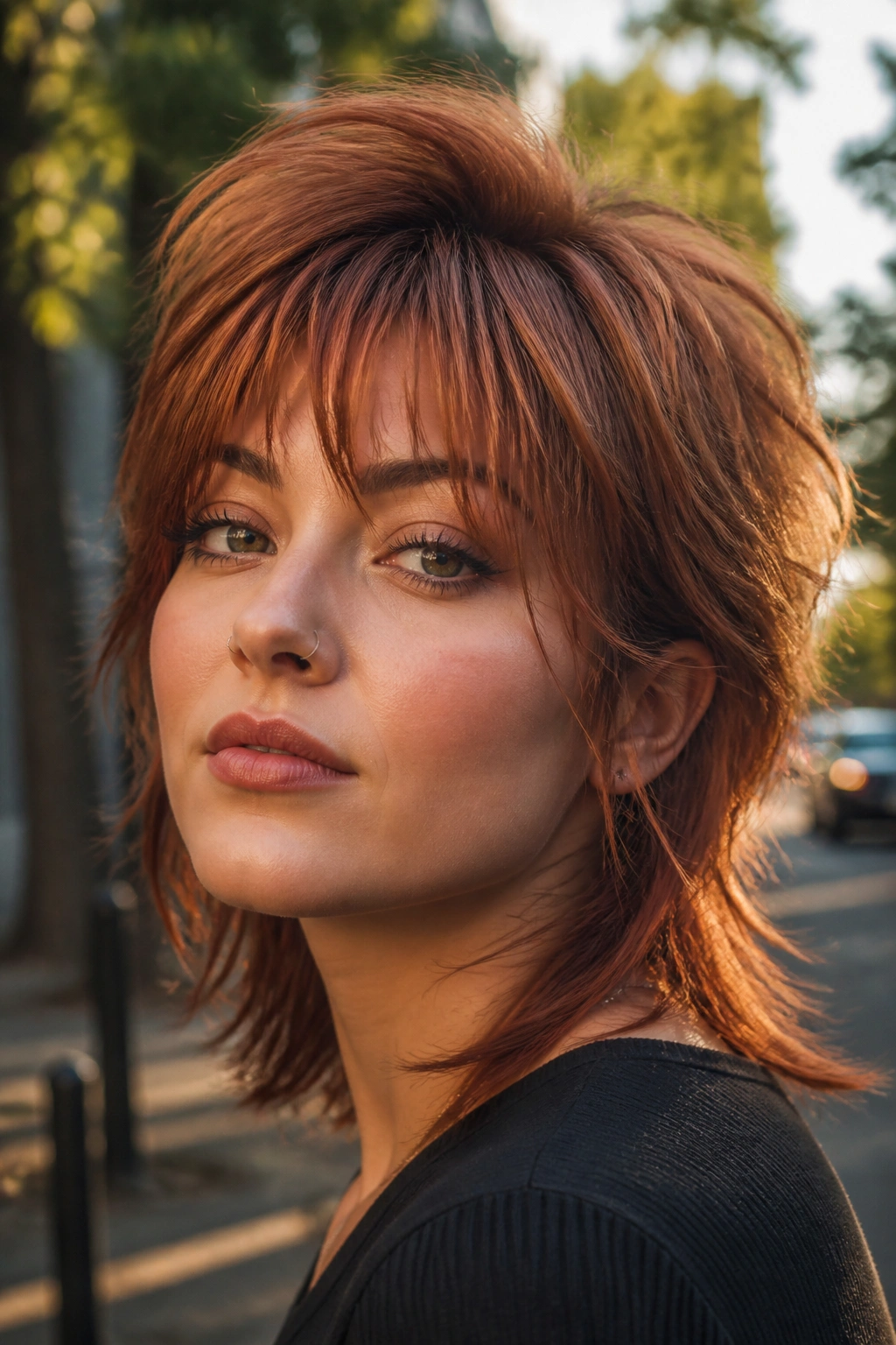 Real woman with rust-red wolf cut showing high crown volume and textured fringe.
