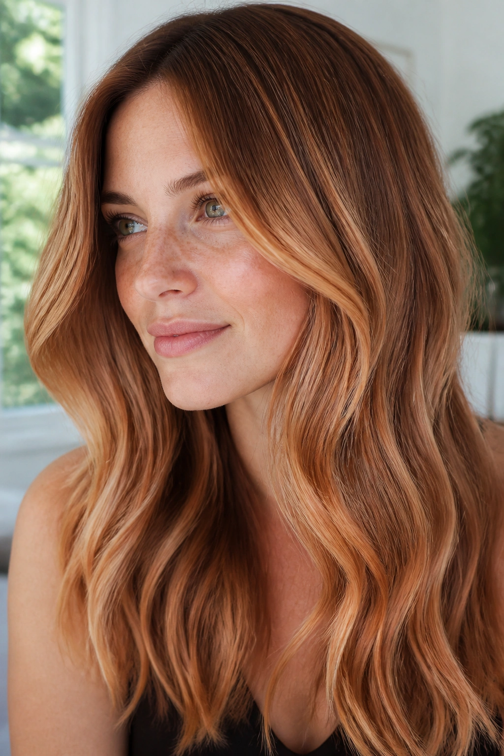 Close-up portrait of a real woman with Rusted Apricot Balayage in natural light