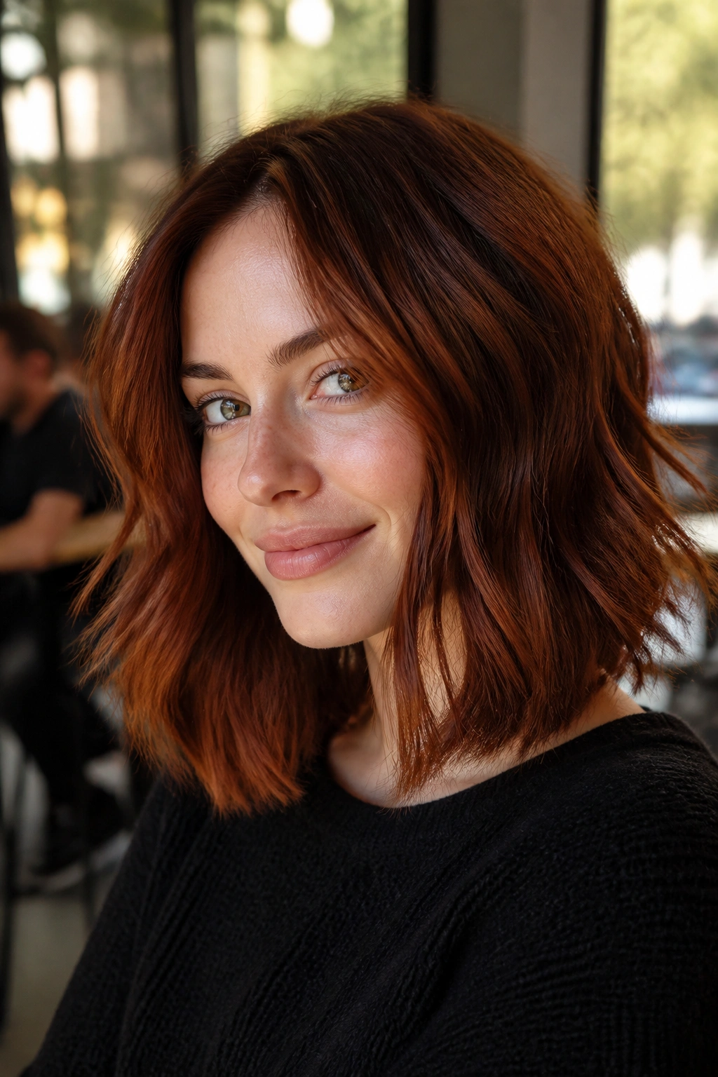 Close-up portrait of a real woman with rusted auburn lob and soft waves