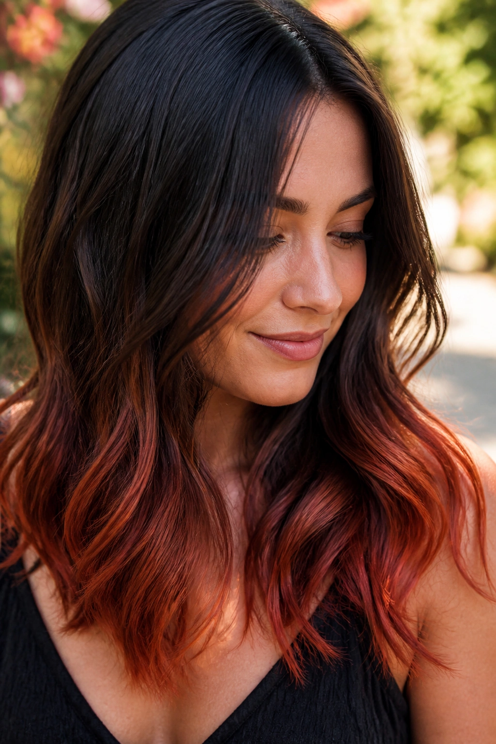 Brunette with rusted ends visible on lower hair in sunlit setting