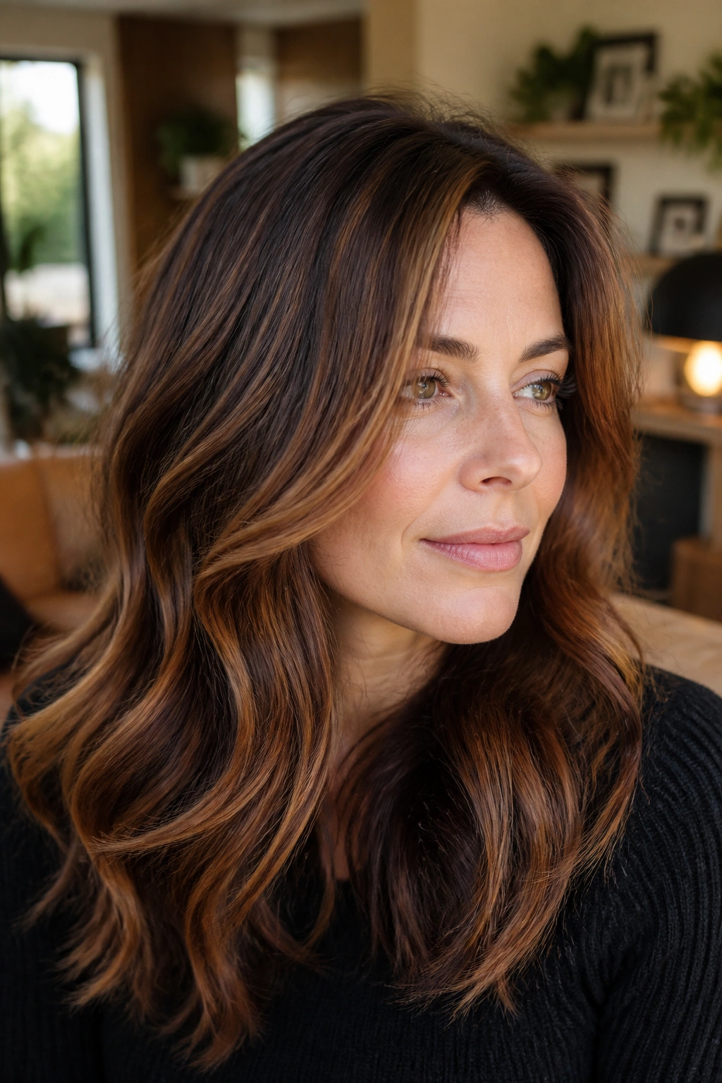 Close-up of a real woman with rusted caramel balayage sweep on medium-brown hair in warm indoor light.