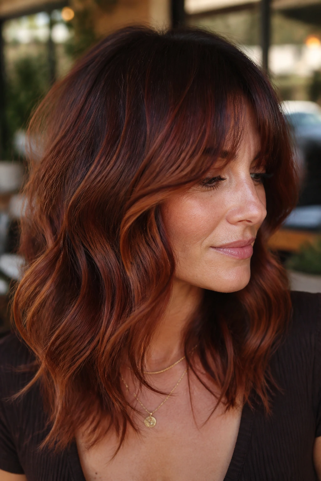 Close-up of a real woman with rusted copper balayage in a wavy shag hairstyle
