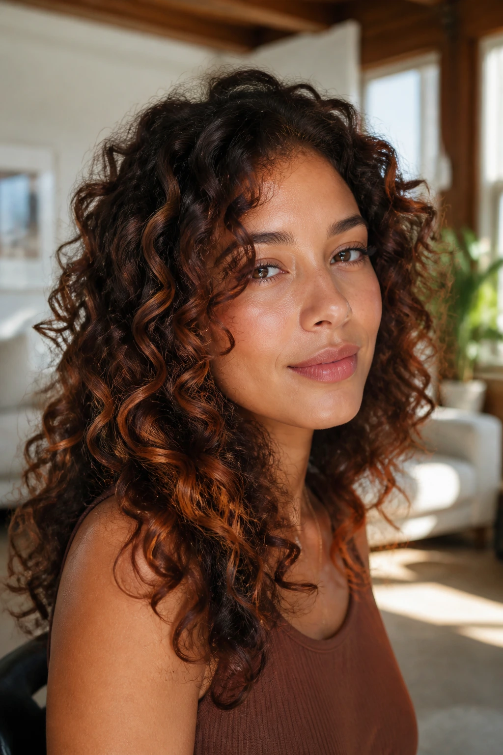 Close-up of deep brown curls with rusted copper balayage on a real person