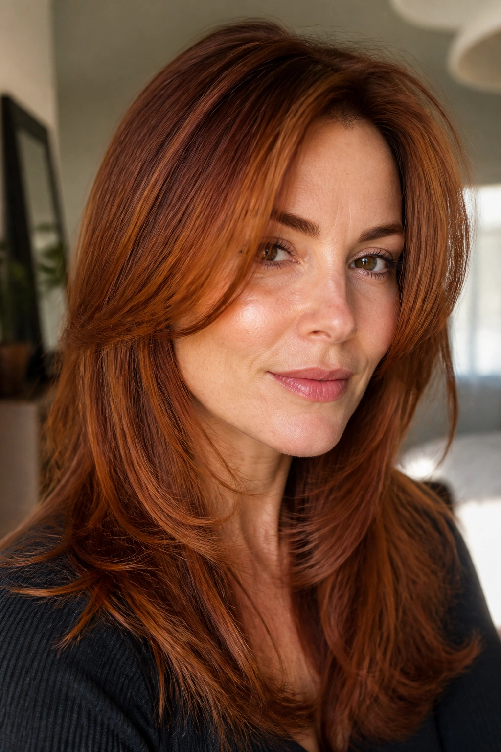 Portrait of a real person with Rusted Copper Curtain Layers hairstyle