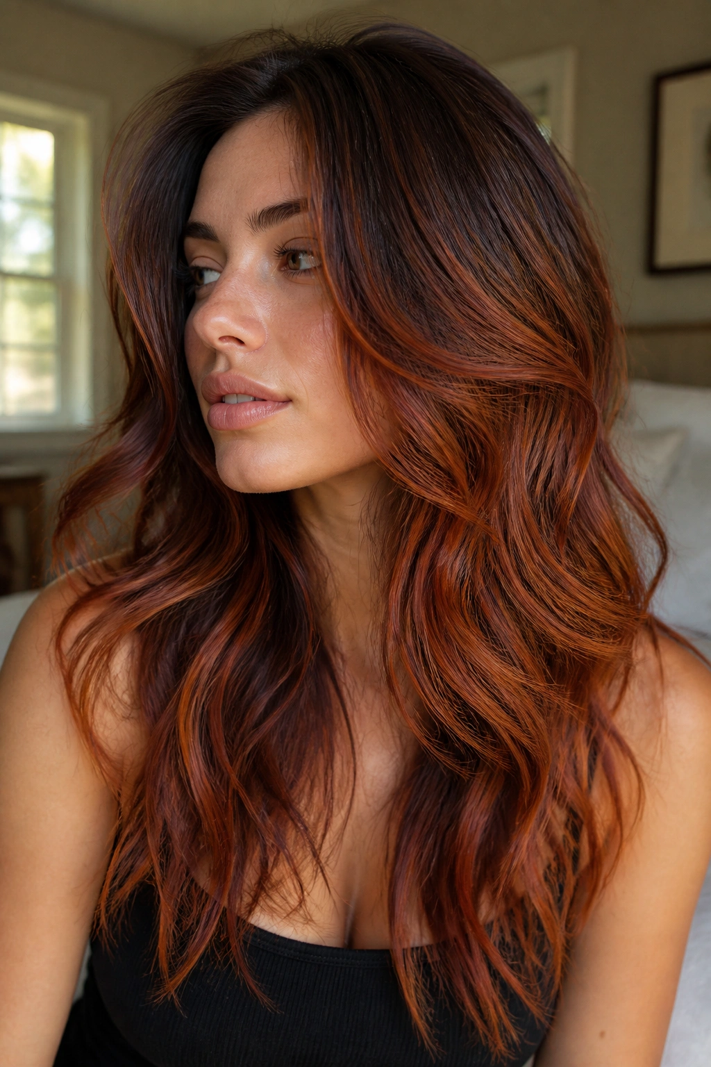 Close-up portrait of a real woman with rusted copper red brown ombre on long layered hair, brown roots fading to copper.