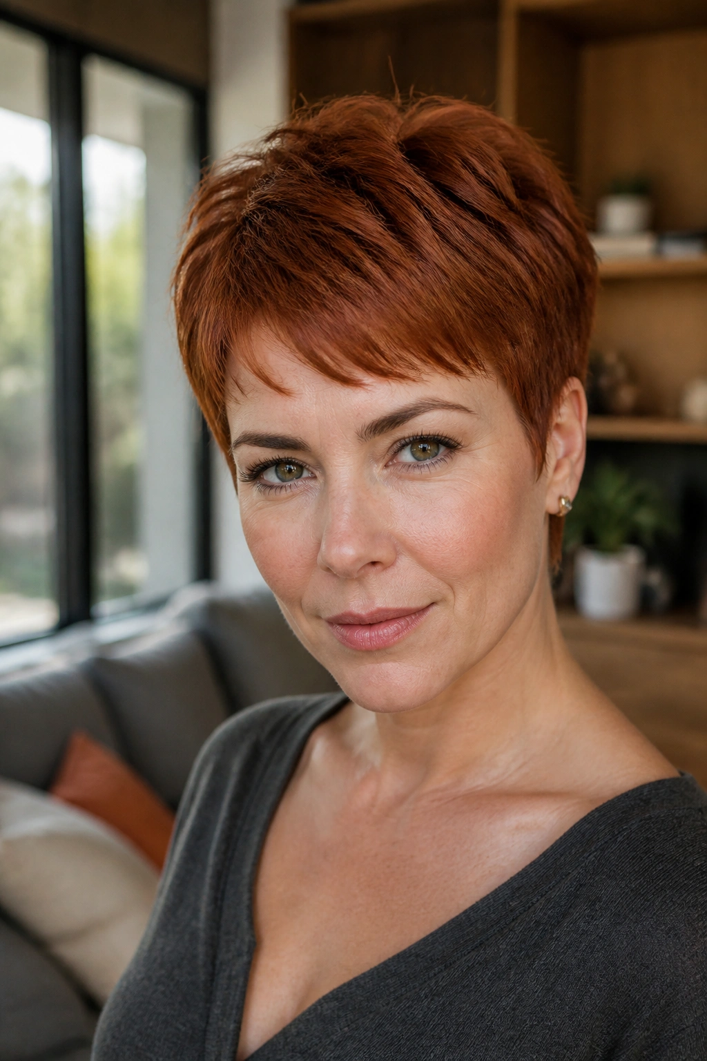 Close-up portrait of a real woman with rusted copper pixie in warm interior light