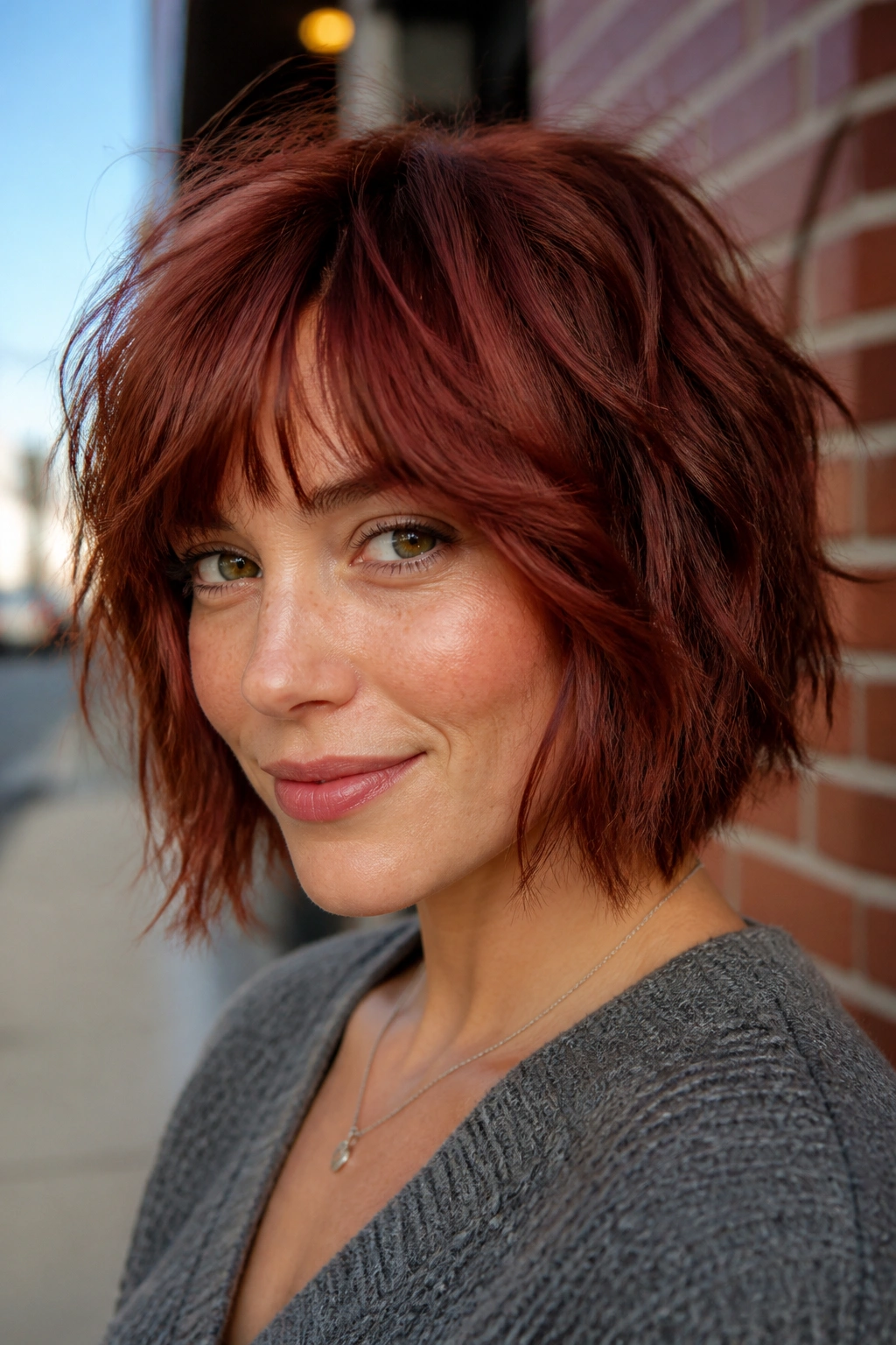 Woman with rusted mahogany copper shaggy bob in daylight outdoors
