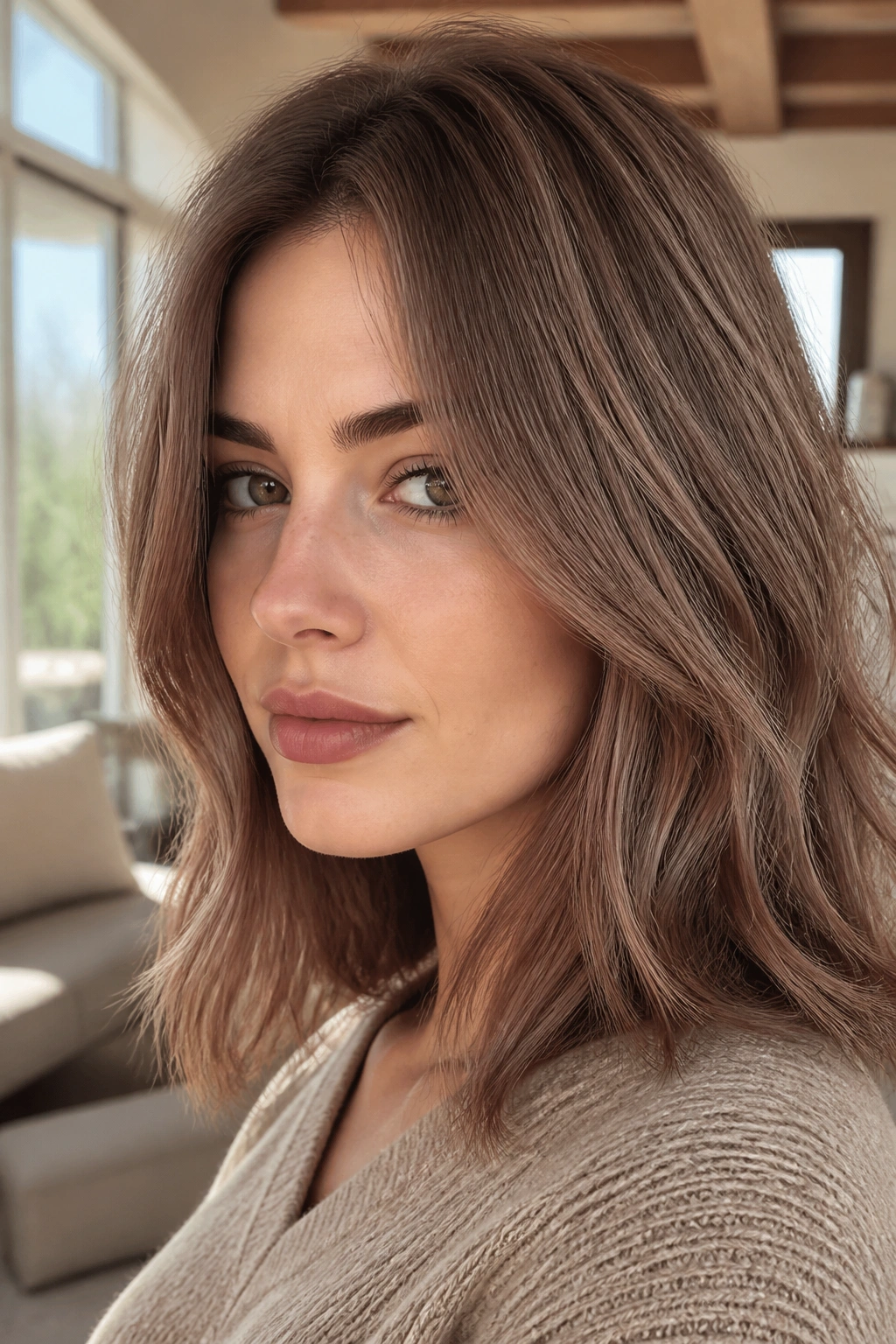 Close-up of a real woman with Rusted Mushroom Lob color in natural light