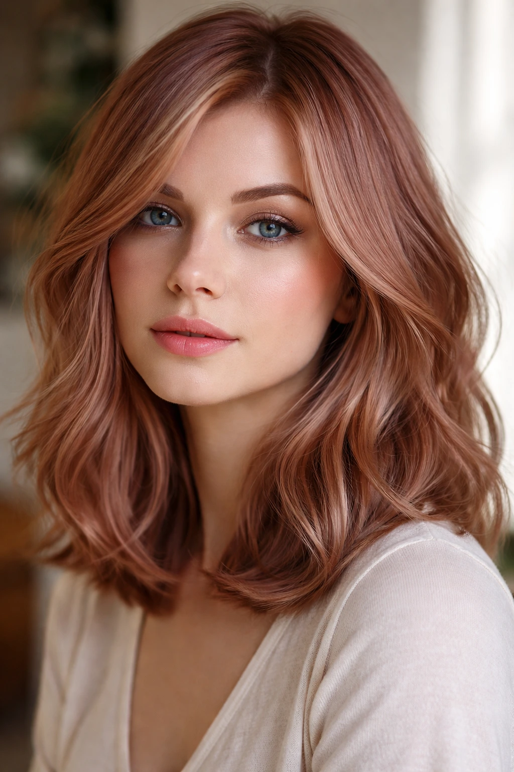 Close-up of rusted rose blonde on shoulder-length hair