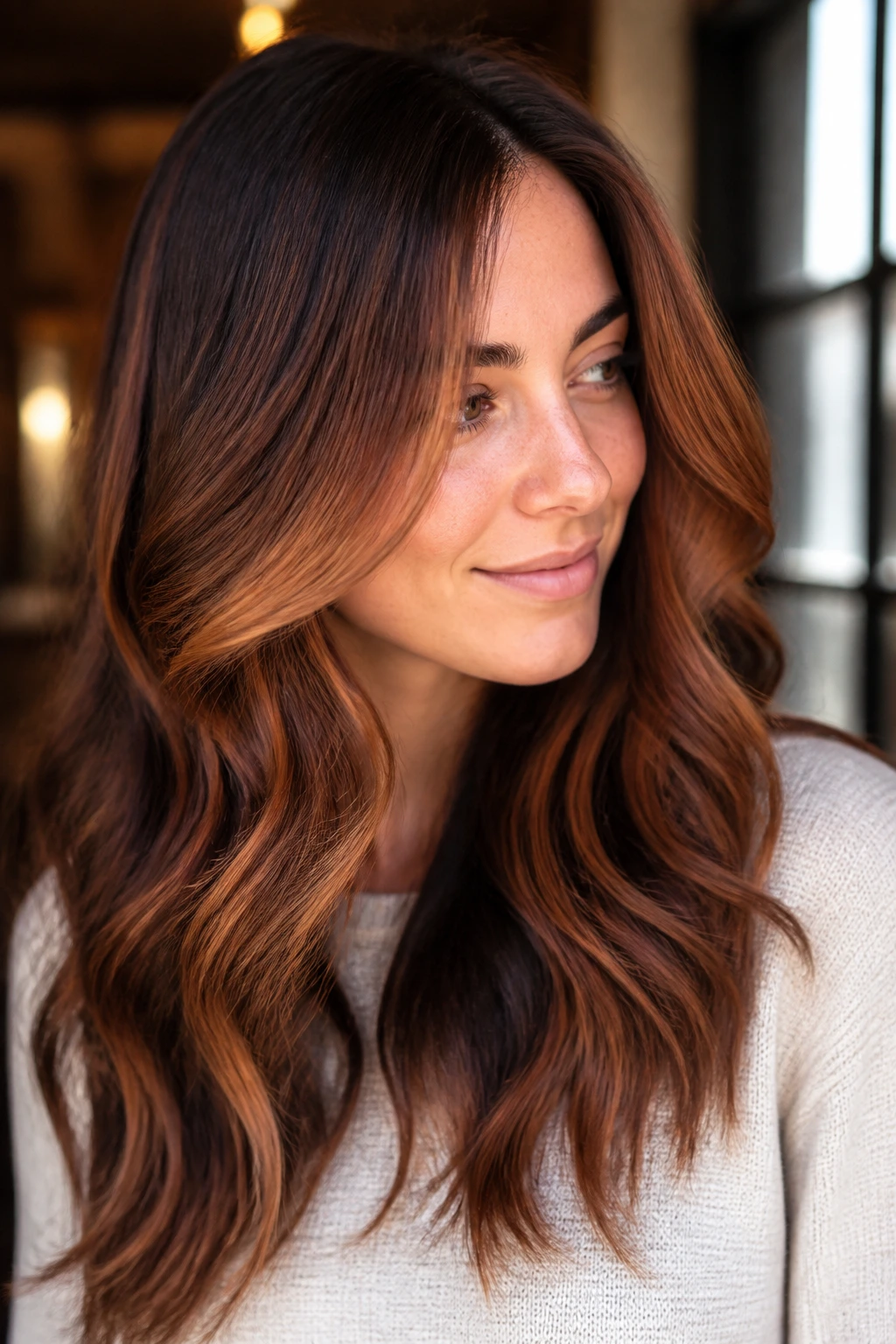 Close-up of a real woman with rustic penny-toned balayage on brunette hair