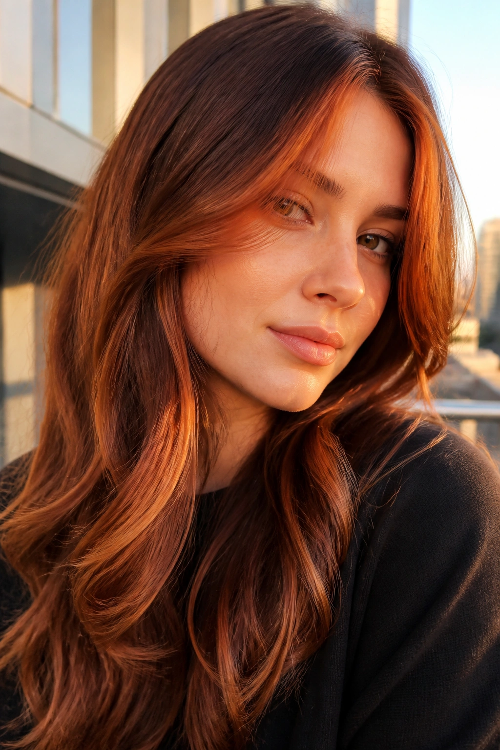 Close-up of long brunette hair with bright rusty copper face-framing pieces.