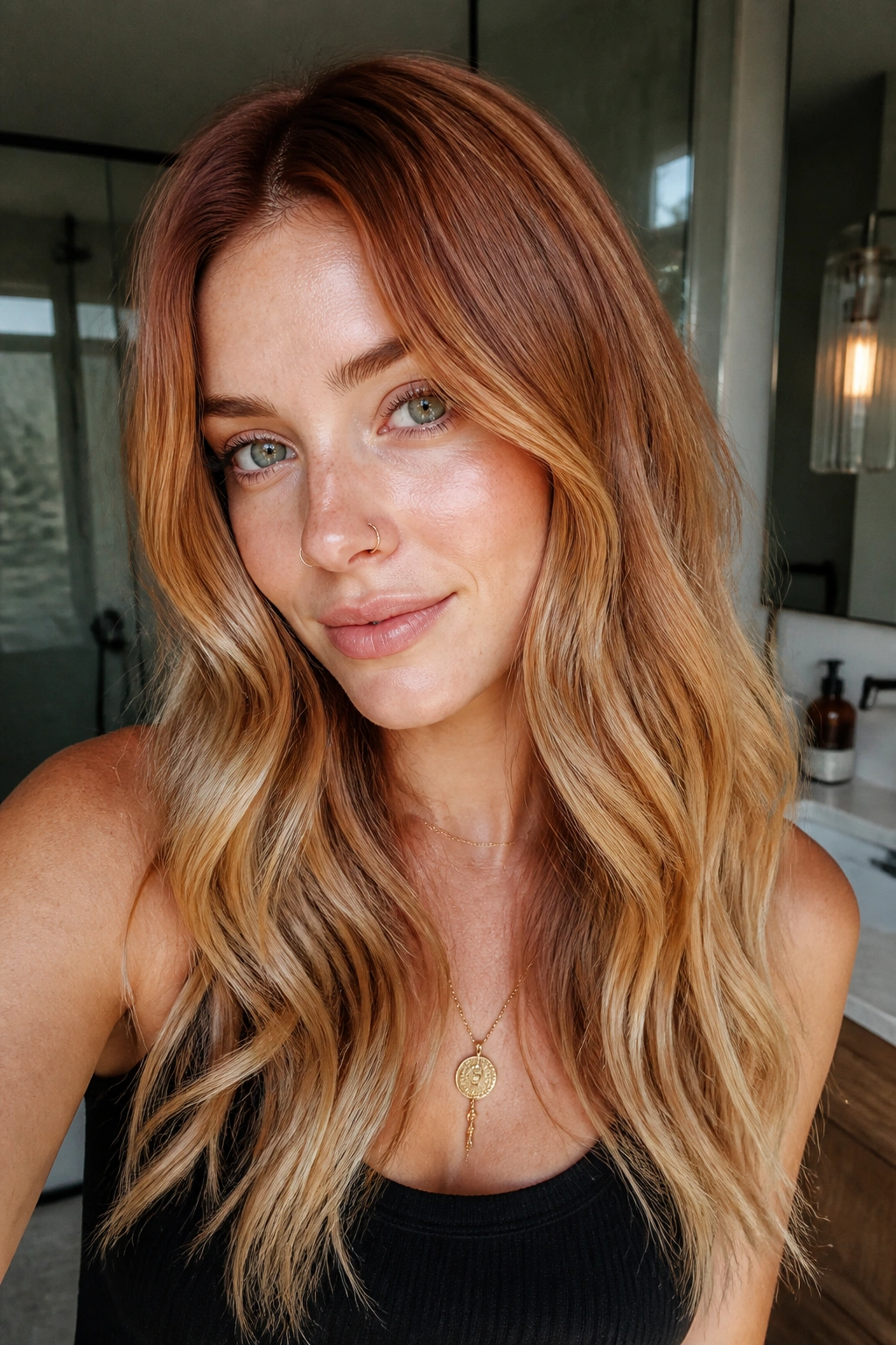 Close-up portrait of a real woman with rusty auburn hair and a soft dark root shadow on blonde base.