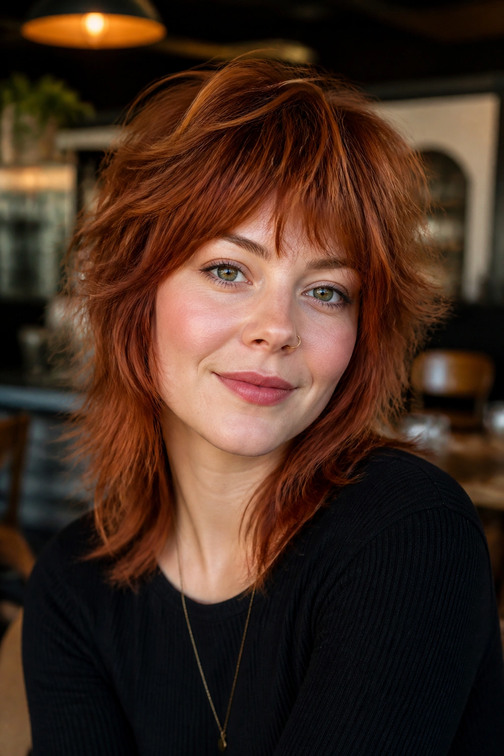 Close-up of a real woman with rusty auburn shag and airy layers in a cafe setting