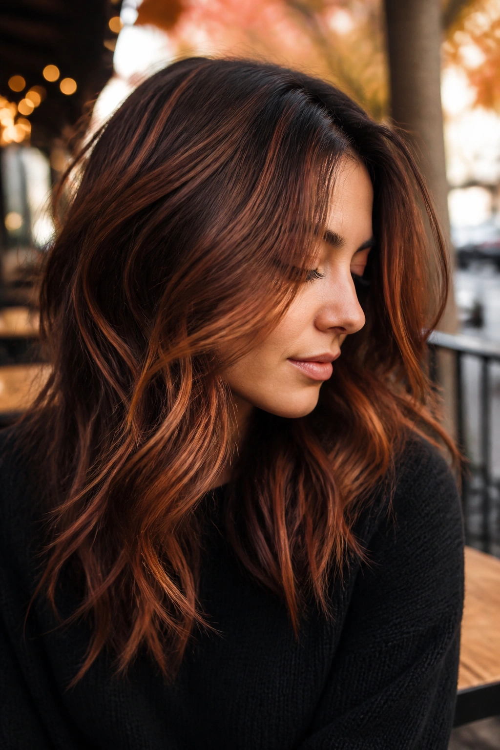 Close-up portrait of a real woman with layered brown hair featuring rusty auburn ribbons