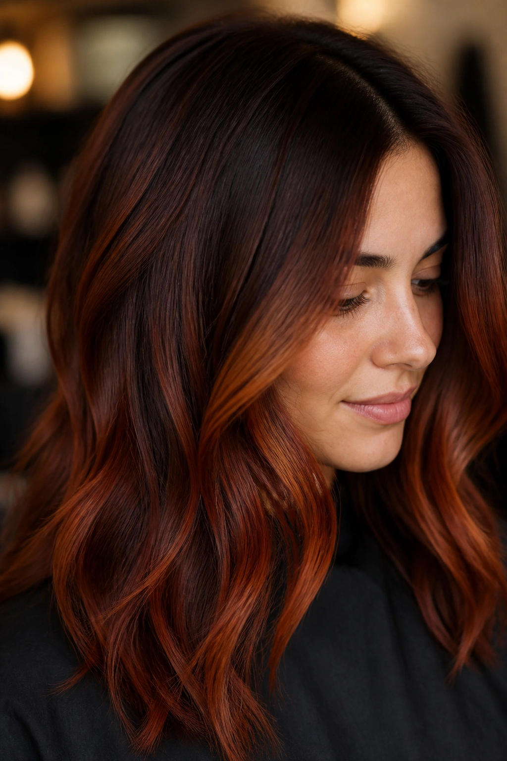 Close-up of a real woman showing a shadow-rooted rusty balayage on brown hair