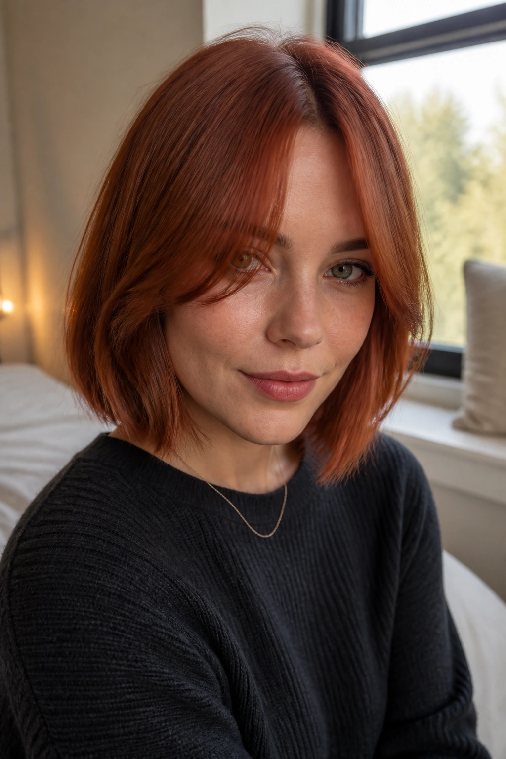 Close-up portrait of a woman with a rusty bob and curtain bangs hairstyle