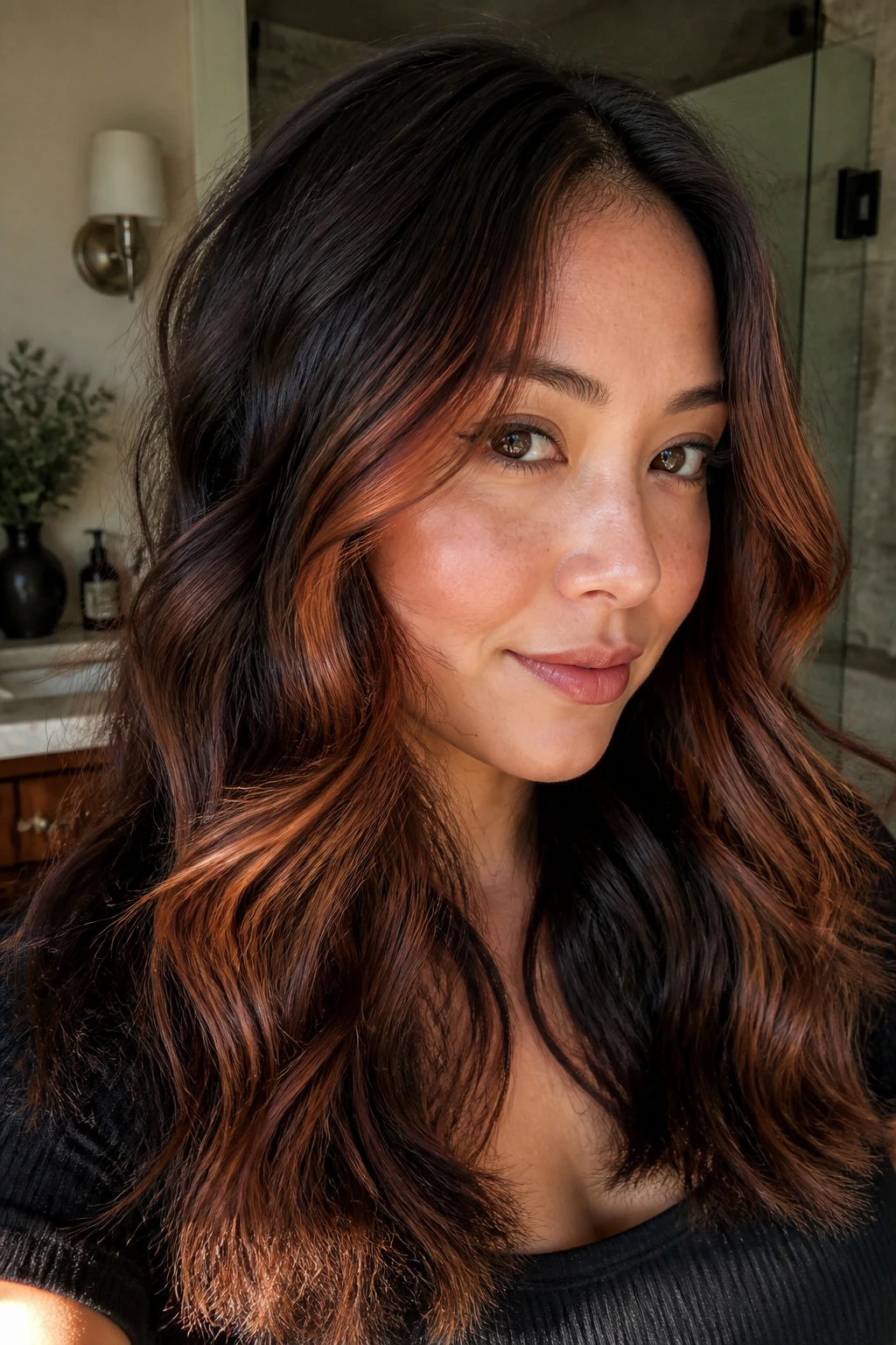 Close-up of a real person with rusty bronze face-framing highlights catching light