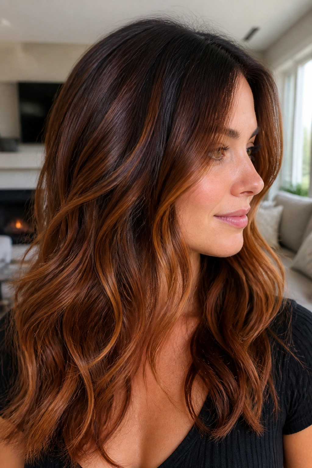 Rusty brunette balayage with lived-in roots on real person