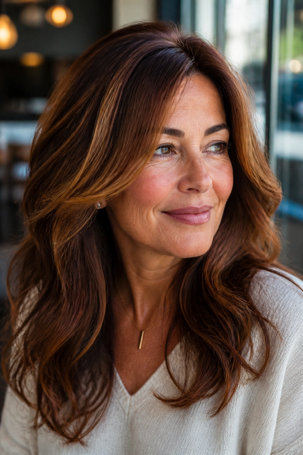 Portrait of a real woman with rusty brunette hair and caramel ribbons.