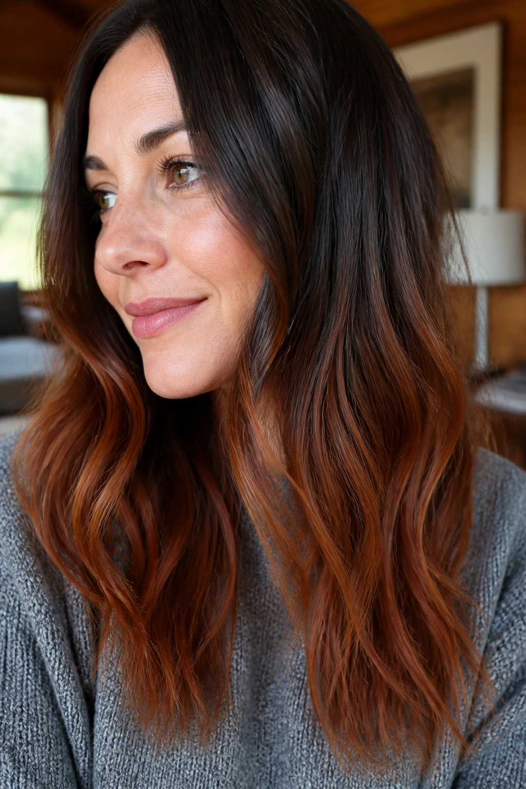 Close-up of long brown hair with cinnamon ends in warm light