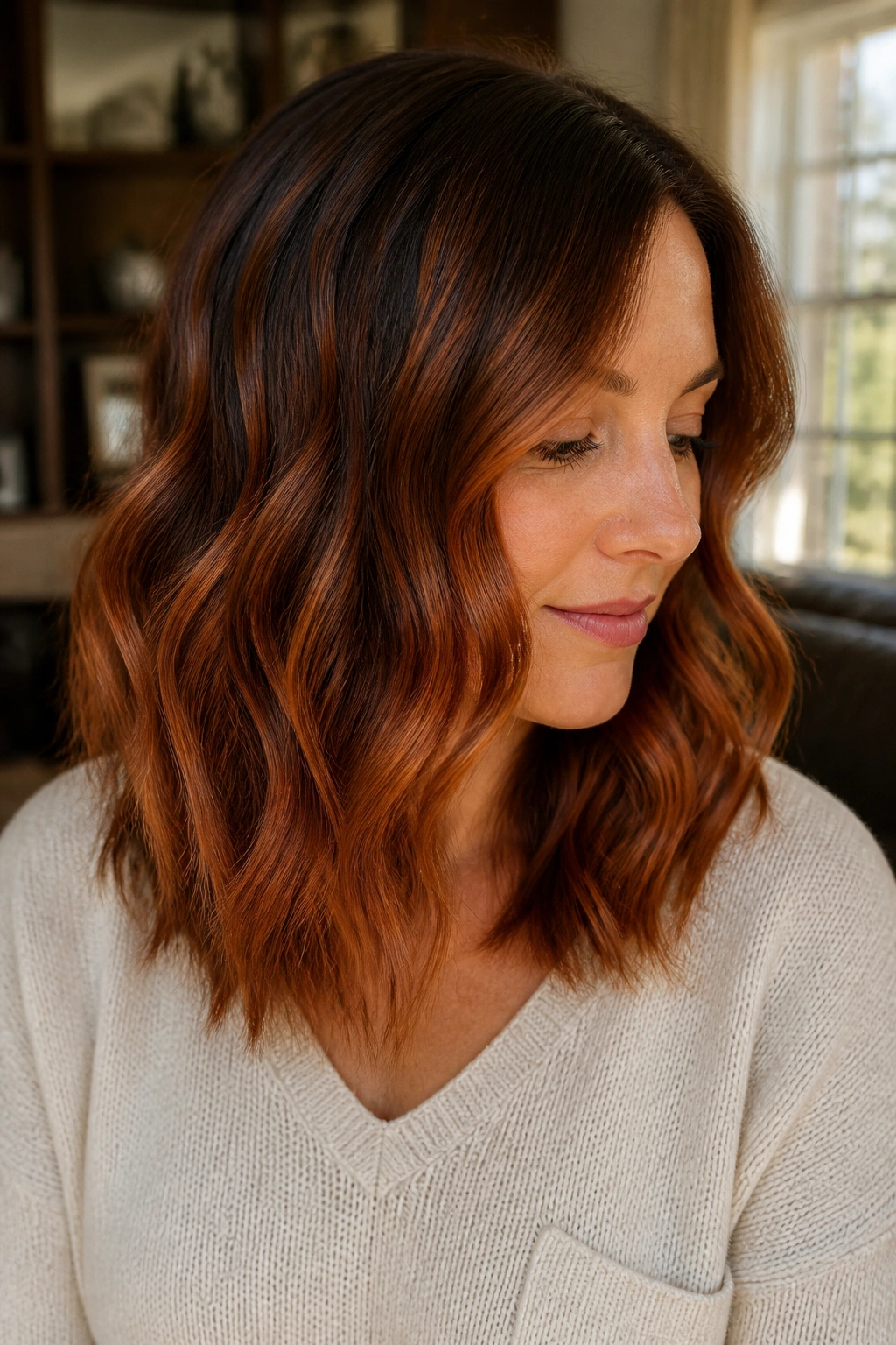 Close-up of a real woman with rusty copper balayage hair in a warm window-lit living room