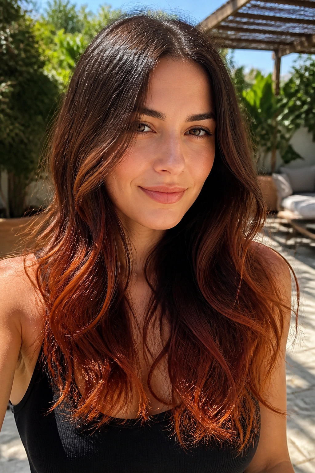 Close-up of hair ends glowing rusty copper at the bottom third of long hair