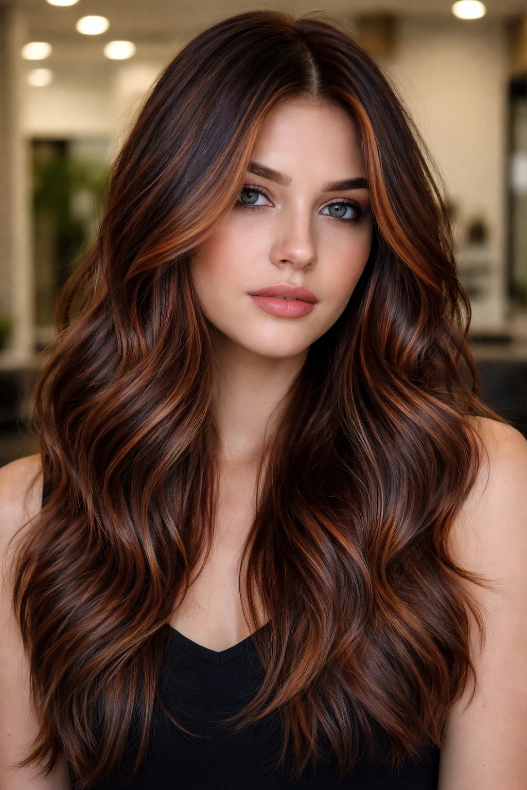 Close-up portrait of a person with rusty copper hair and cool lowlights woven through.