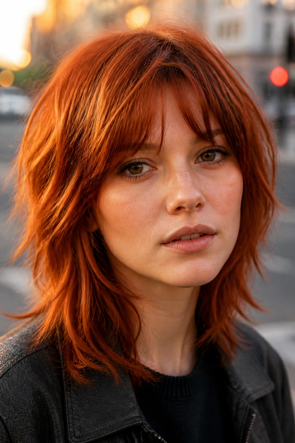 Close-up of rusty copper shag on a real woman with layered texture