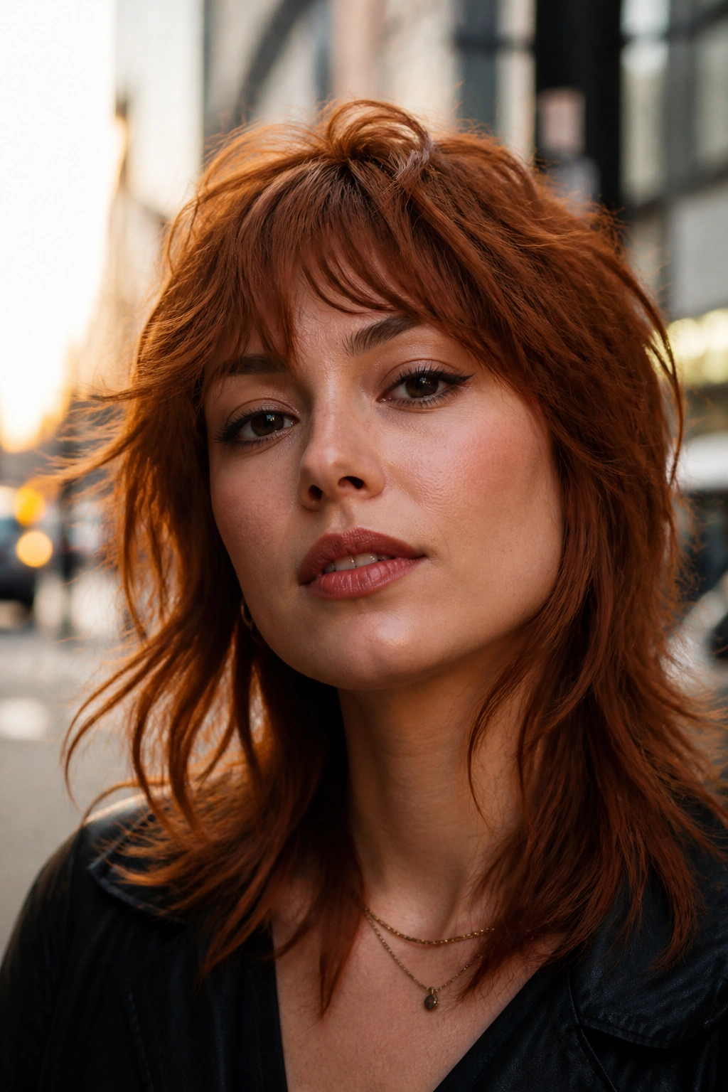 Close-up of a real woman with rusty copper shag hairstyle