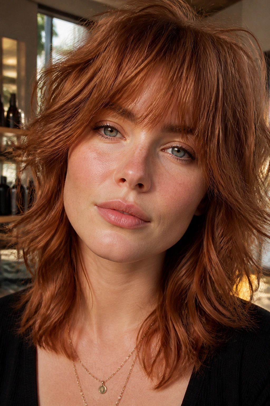 Close-up of a real woman with a rusty copper shag hairstyle and textured layers.