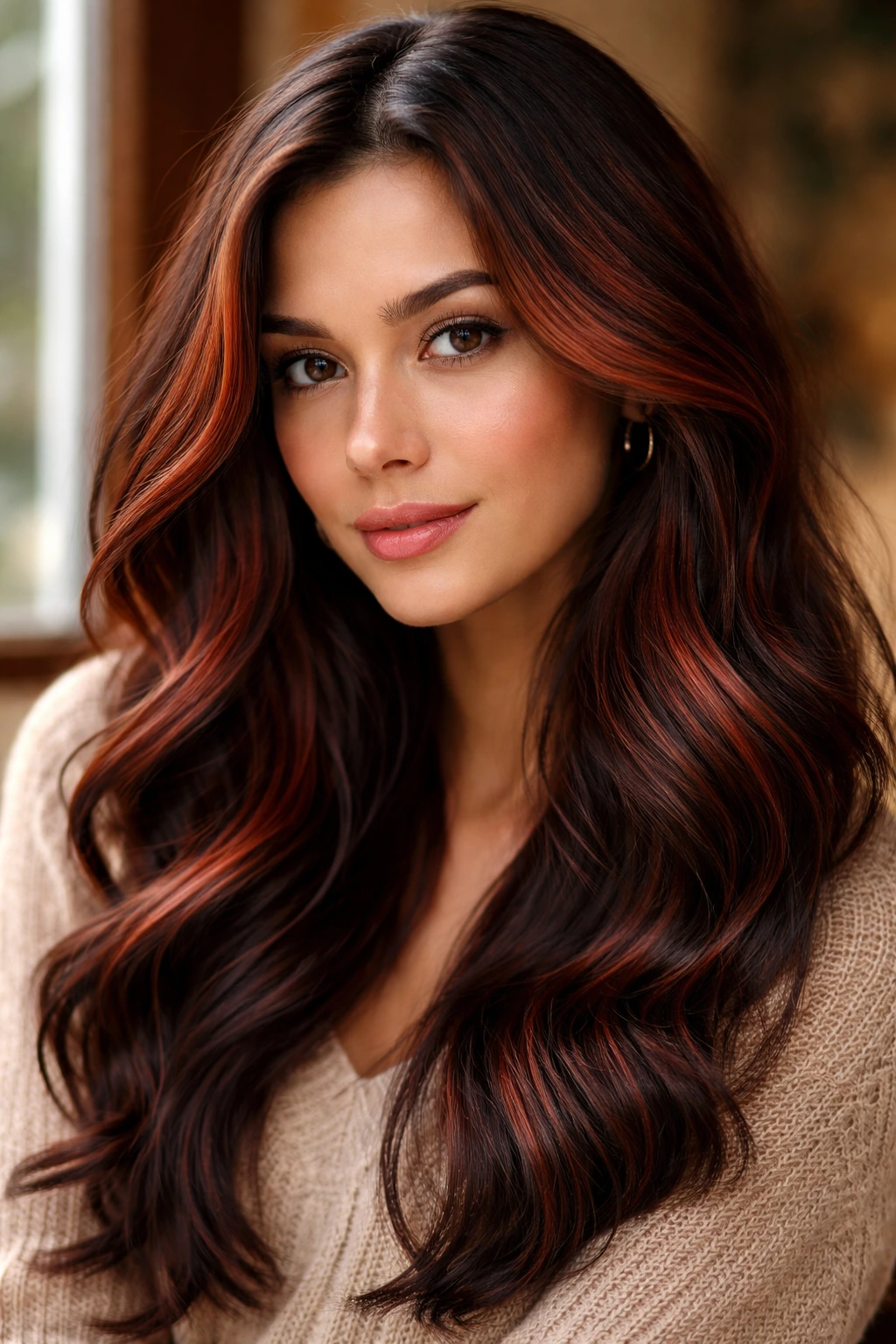 Close-up of dark brown hair with rusty red highlights