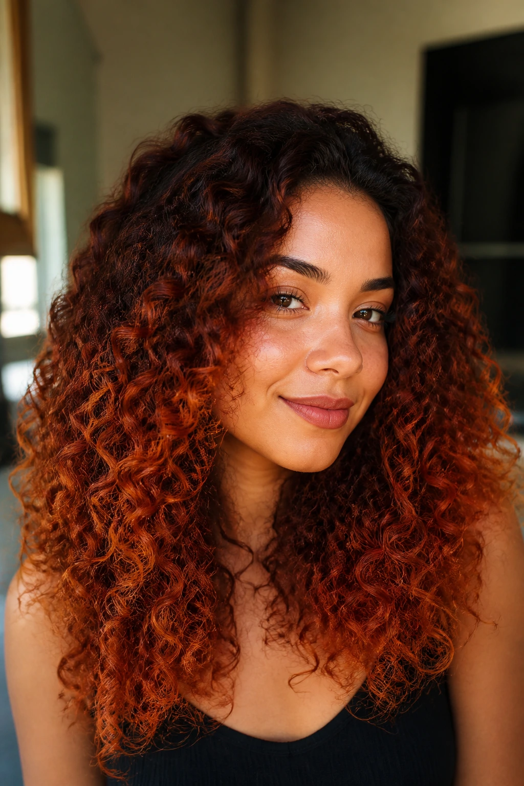 Close-up of a real woman with rusty red melt curls from root to tip in warm indoor light