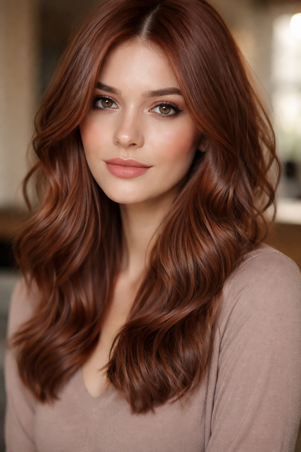 Close-up portrait of a real woman with rusty rose copper hair