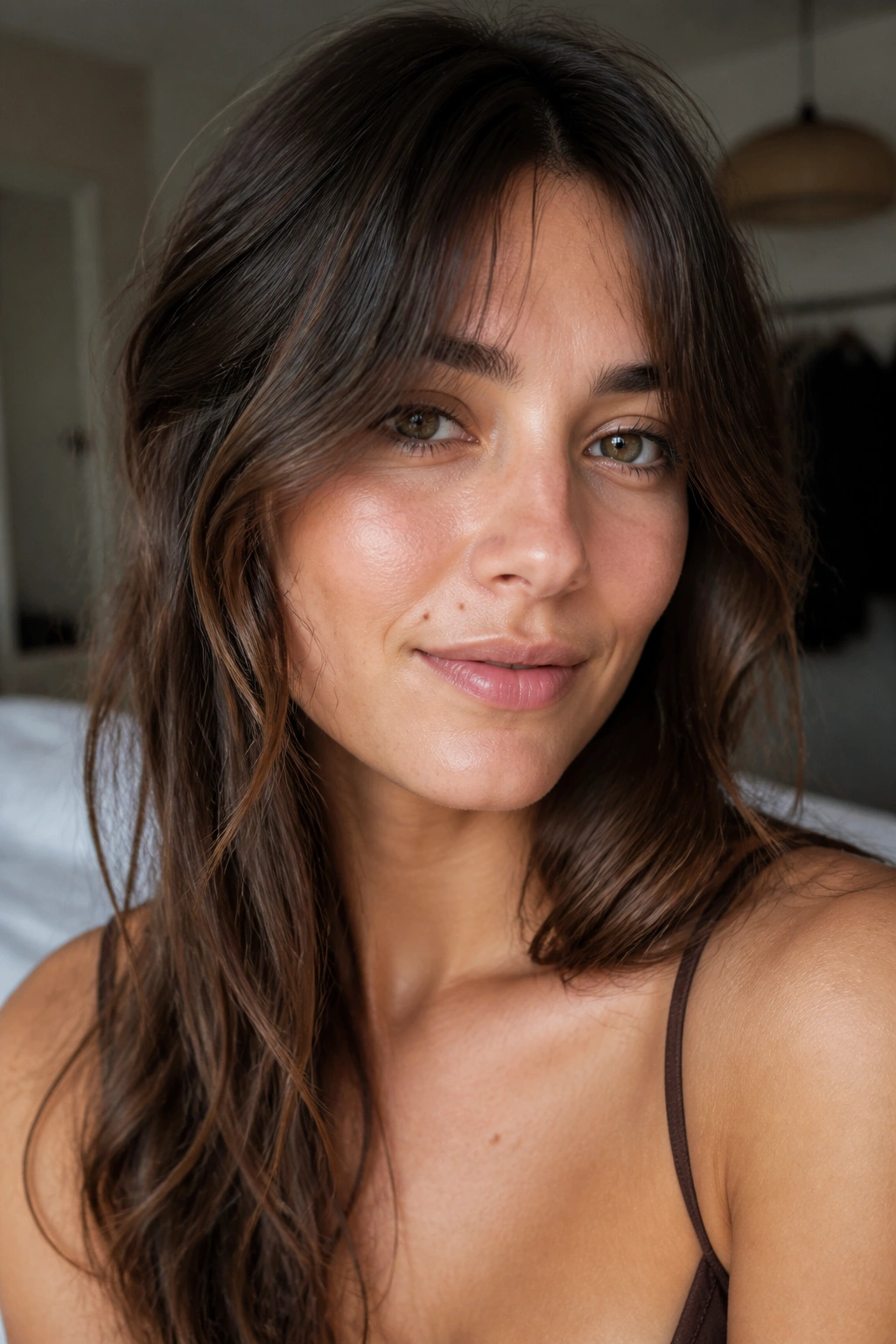 Portrait of a woman with air-dried S-bend fringe curving away from the cheeks