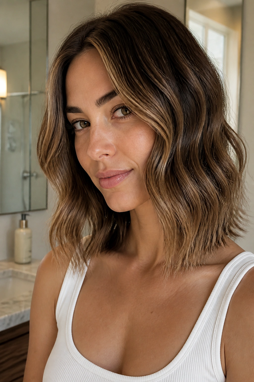 Real woman with S-bend waves and airy ends on shoulder-length hair
