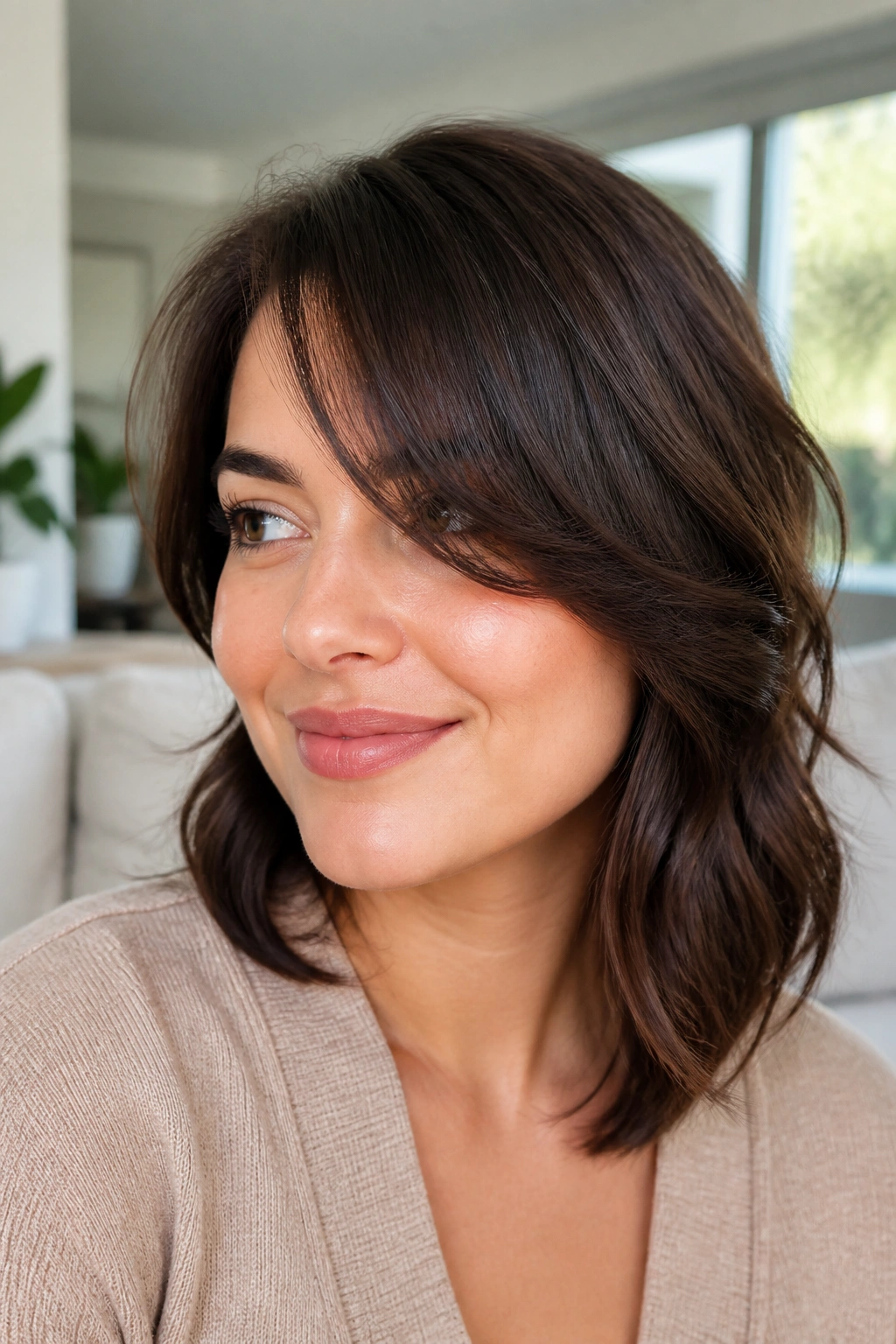 Close-up portrait of a real woman with an S-curve side fringe curved around the forehead