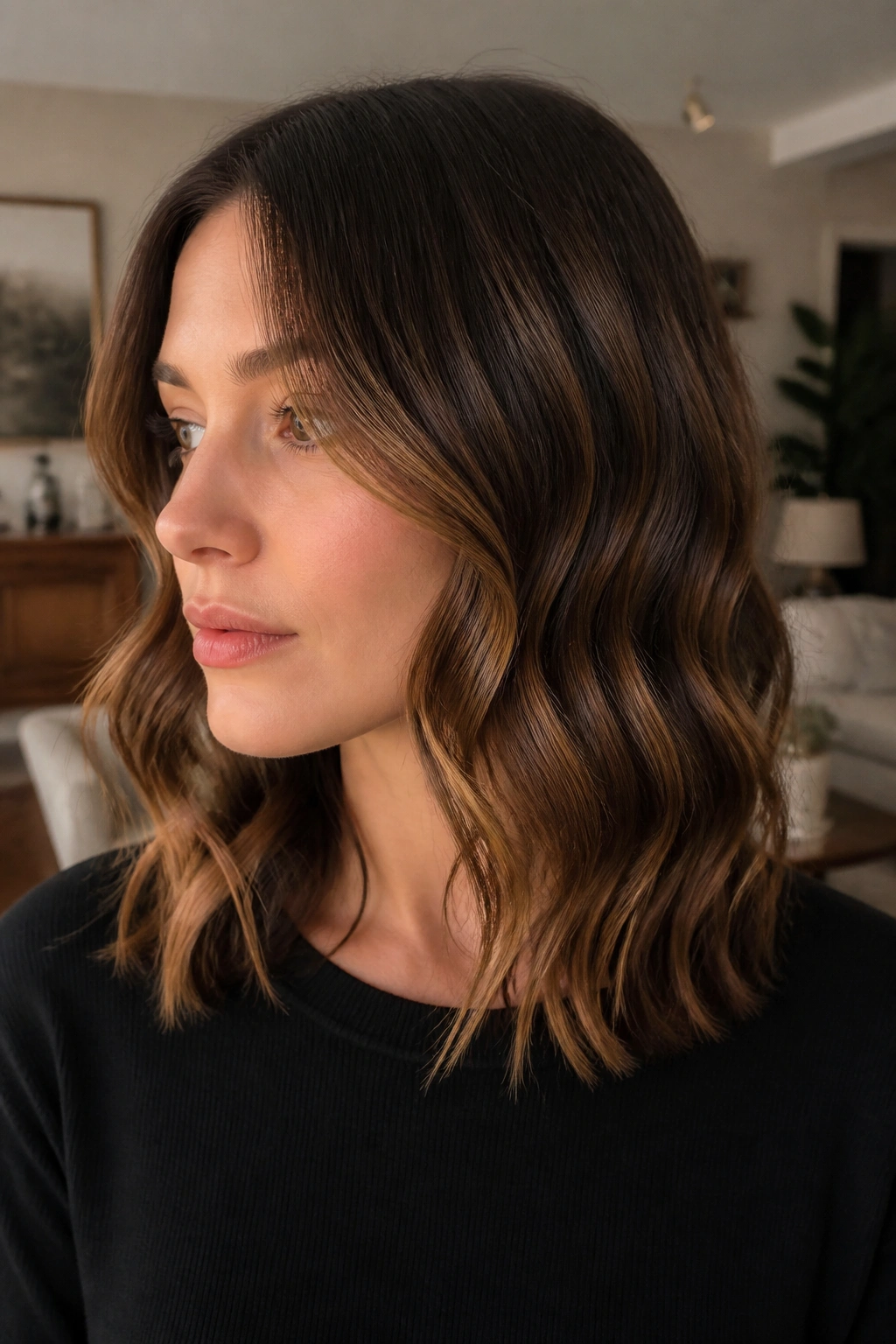 Real woman with S-shaped flat-iron waves, relaxed and natural.