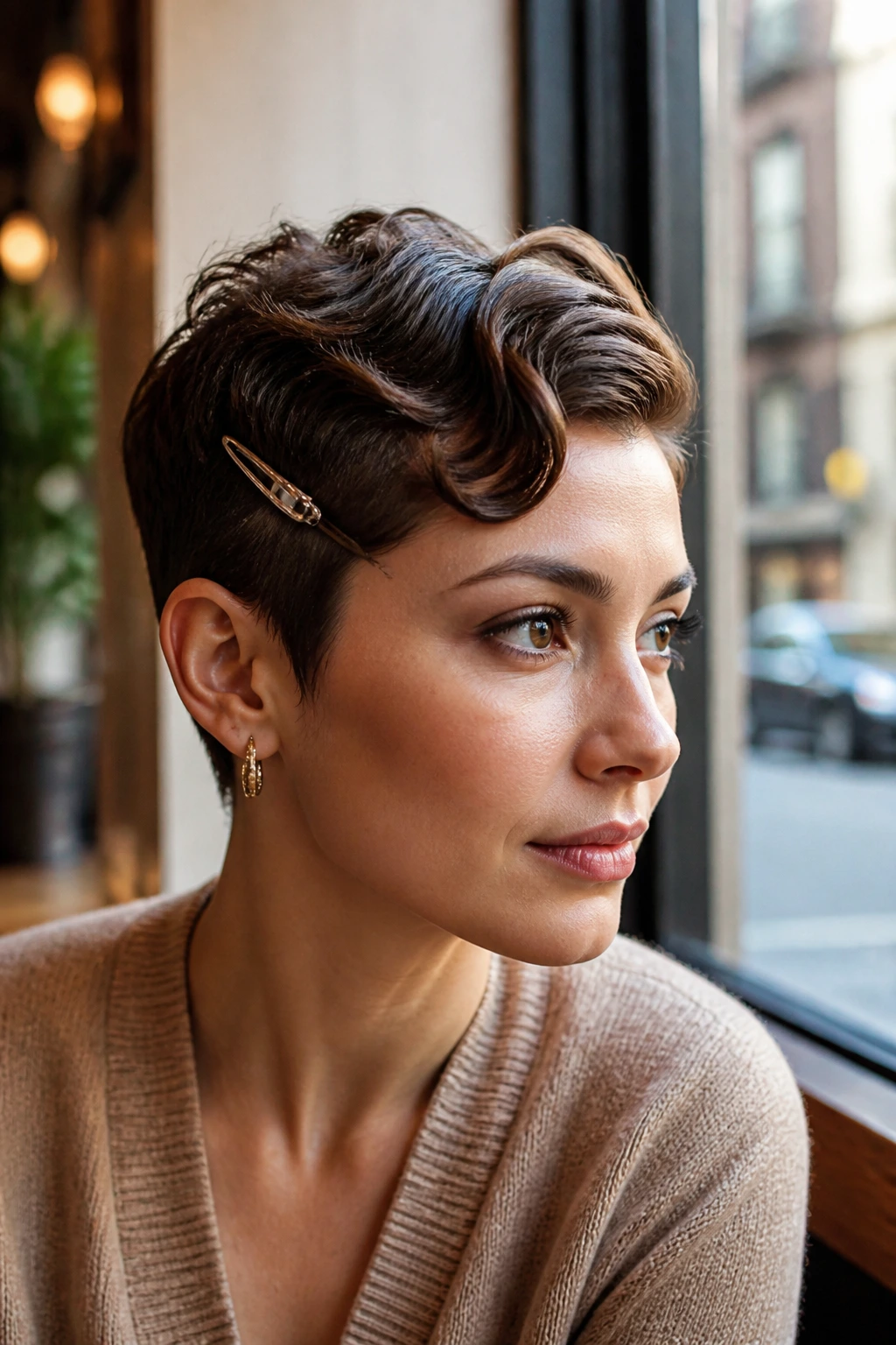 Close-up of a real woman with an S-wave sculpted pixie in the front
