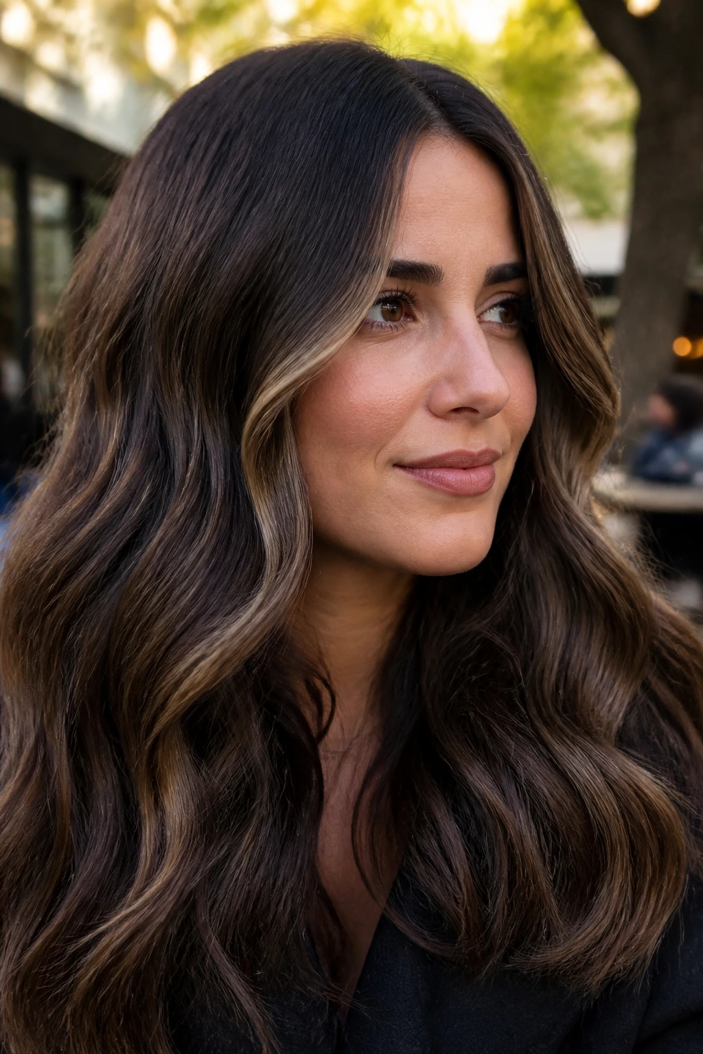 Real person with thick hair showing S-wave ribbons in ash brown